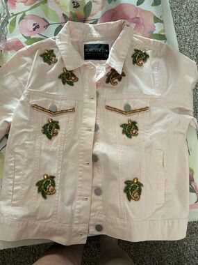 Forever 21 Pale Pink Denim Jacket with Green & Gold Bead Embellishments